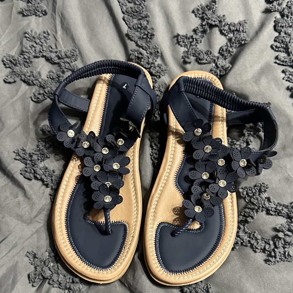 Source Unknown Navy and Gold Floral Sandals